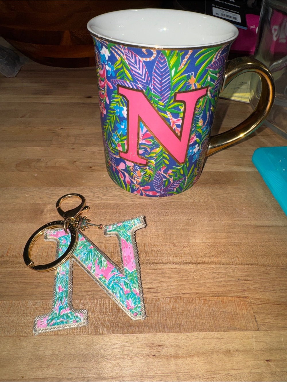 Lilly Pulitzer Pink N Floral Mug with Gold Handle and Lilly Pulitzer Keychain
